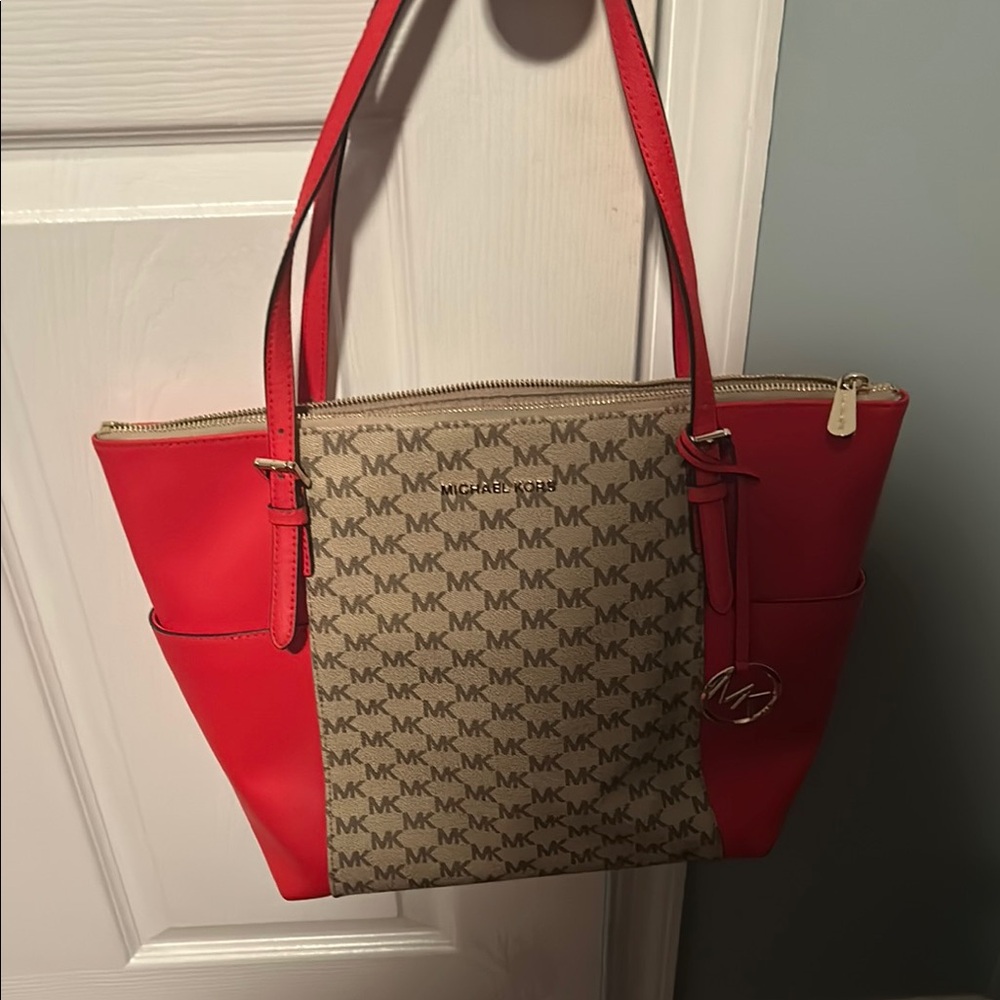 Michael Kors Signature Red and Tan Tote